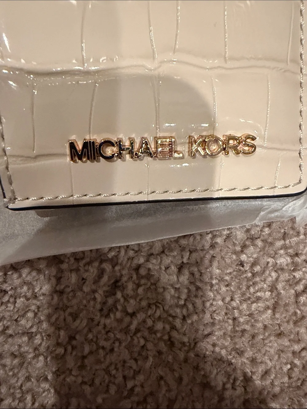 Michael Kors Cream Croc-Embossed Card Wallet with Gold Logo